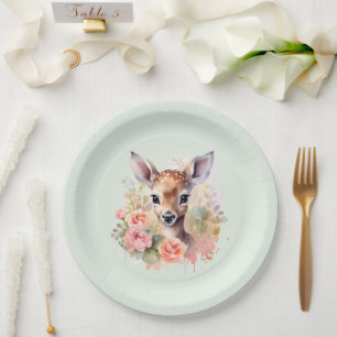 Assiettes En Carton Cerf Mignon Entouré de Roses