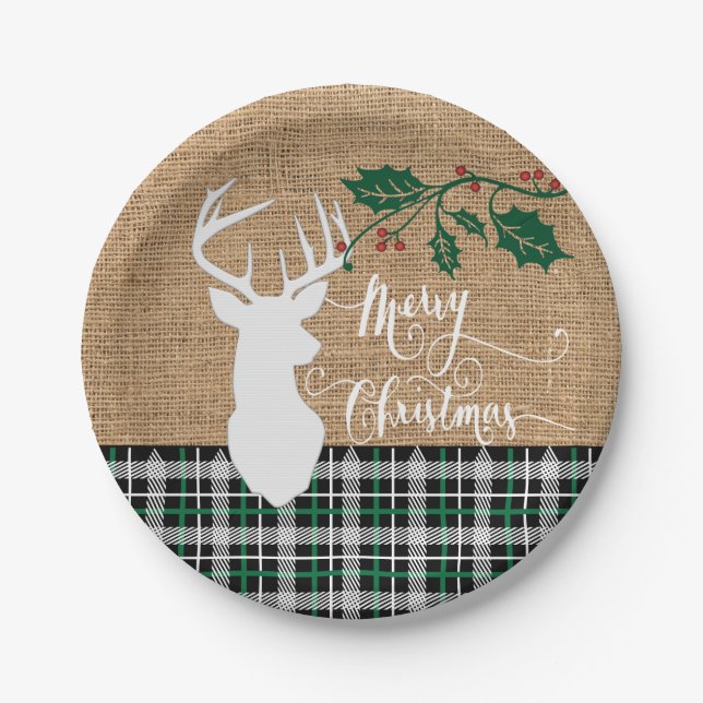 Assiettes En Carton Cerfs communs de Joyeux Noël - plaid vert (Devant)