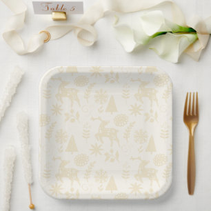 Assiettes En Carton Cerfs de forêt Art Populaire Blanc Cassé