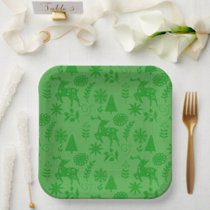Assiettes En Carton Cerfs de forêt Art Populaire Vert