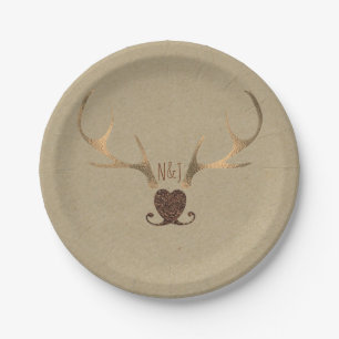 Assiettes En Carton Cerfs dorés & Mariage rustique en papier marron