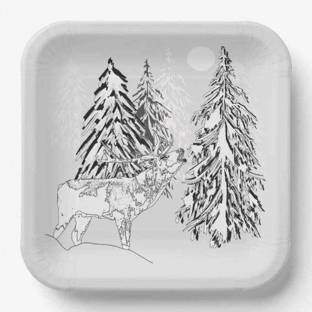 Assiettes En Carton Cerfs, hiver, forêt, arbres de Noël, monochrome (Recto)