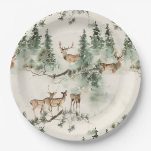 Assiettes En Carton Cerfs rustiques et conifères 