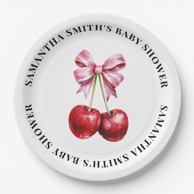 Assiettes En Carton Cerise rose Baby shower rond (Devant)