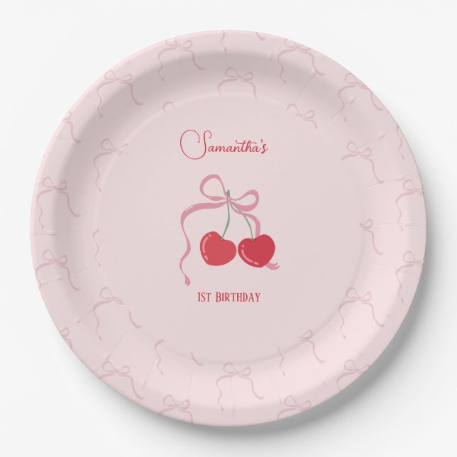 Assiettes En Carton Cerise sur le dessus Pink Bow Anniversaire (Devant)
