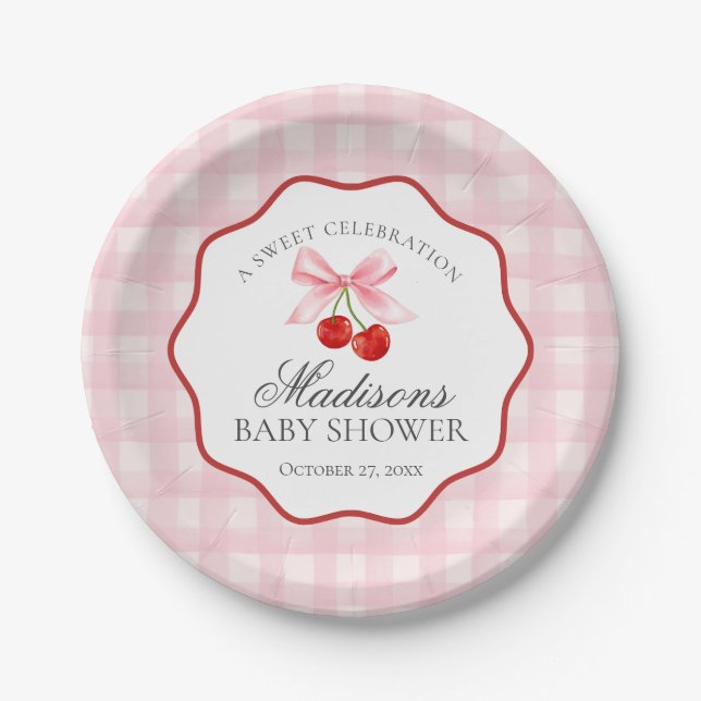 Assiettes En Carton Cerise Sweet Coquette Rose Bow En vichy Baby showe (Devant)