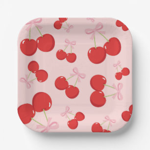 Assiettes En Carton Cerises avec Nœud Rose Fête d'Anniversaire Coquett