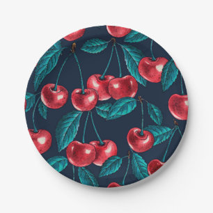Assiettes En Carton Cerises rouges sur bleu foncé
