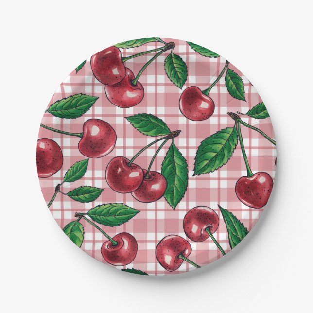 Assiettes En Carton Cerises rouges sur en vichy rose (Devant)