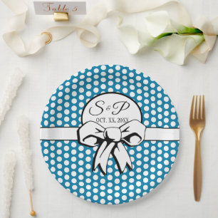 Assiettes En Carton Cerulean bleu Polka point blanc Bow personnalisé