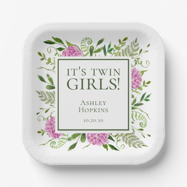 Assiettes En Carton C'est Twin Girls Pink Hydrangeas Girl Baby shower (Recto)