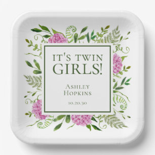 Assiettes En Carton C'est Twin Girls Pink Hydrangeas Girl Baby shower