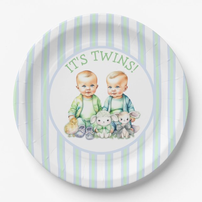 Assiettes En Carton C'est Twins ! Baby shower jumeaux garçon mignon (Devant)