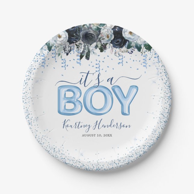 Assiettes En Carton C'est un Baby shower Floral Bleu Garçon (Devant)