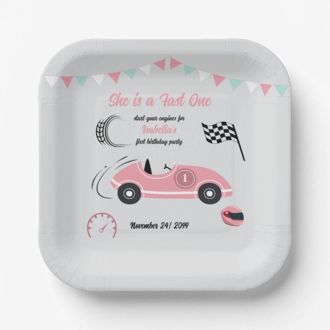 Assiettes En Carton C'est un Fast One Festive Pink Race Car anniversai (Recto)