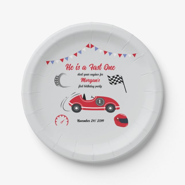 Assiettes En Carton C'est un Fast One Festive Red Race Car Anniversair (Devant)
