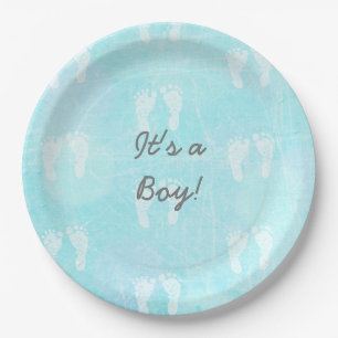 Assiettes En Carton C'est un Garçon, Baby Footprints Baby shower bleu