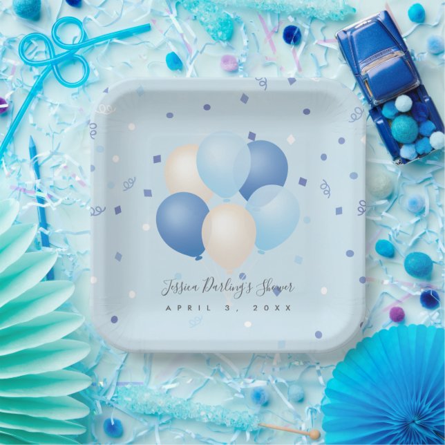 Assiettes En Carton C'est un garçon Baby shower Bleu Ballons & Confett (Fête)