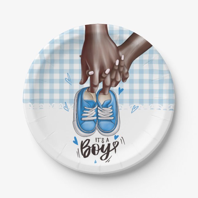 Assiettes En Carton C'est un garçon Baby shower Blue Boy Chaussures (Devant)