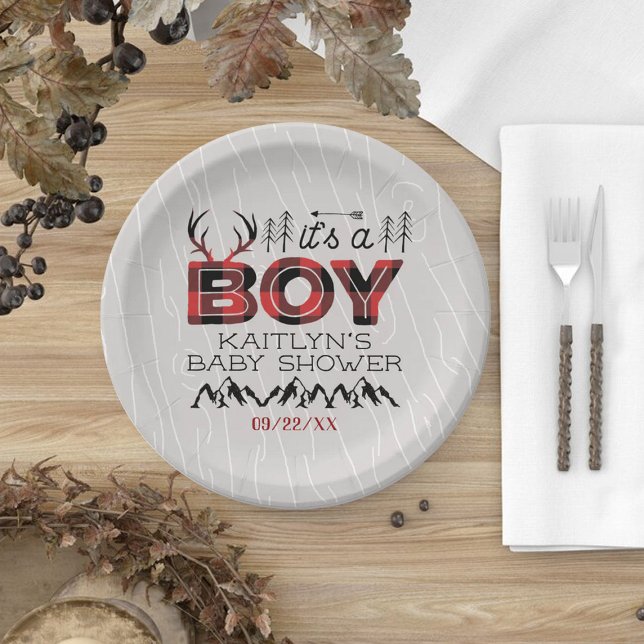 Assiettes En Carton C'est un garçon ! Baby shower de bûcheron rustique (Créateur téléchargé)
