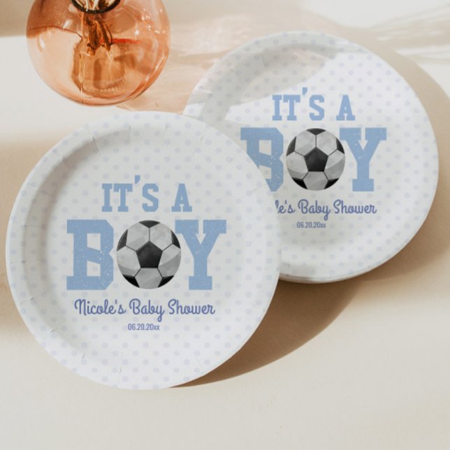 Assiettes En Carton C'est un garçon ! Baby shower de football bleu (Créateur téléchargé)