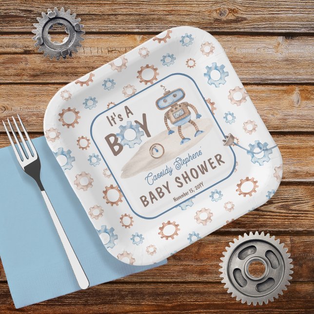 Assiettes En Carton C'est un garçon mignon bleu | Baby shower Robot Gr (Blue, greige and white "It's A Boy" Cute Robot-Themed Baby Shower Paper Plates)