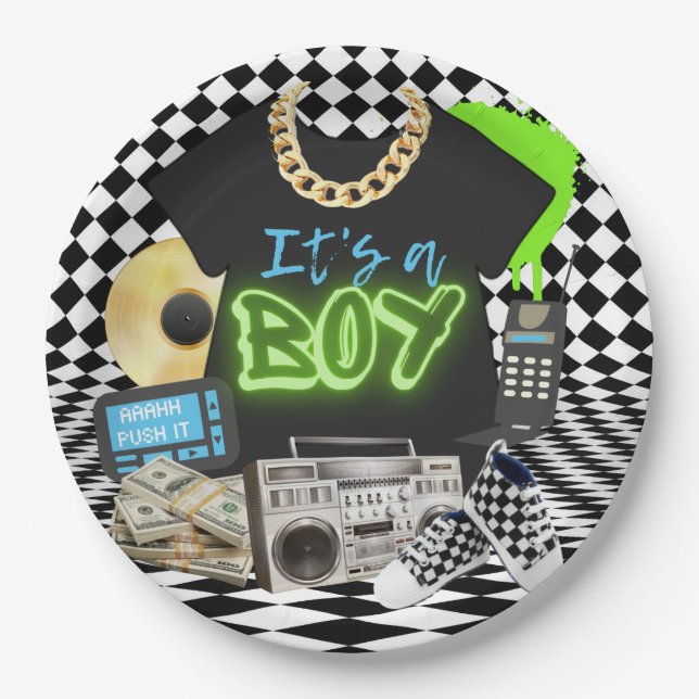 Assiettes En Carton C'est un garçon| Urban Retro Hip hop Baby shower G (Devant)