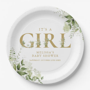 Assiettes En Carton C'est une fille Baby Shower lettre dorée végétatio