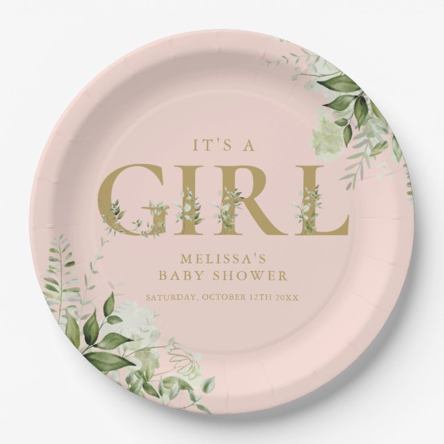 Assiettes En Carton C'Est Une Fille Verdoyante Blush Baby shower Or Ro (Devant)