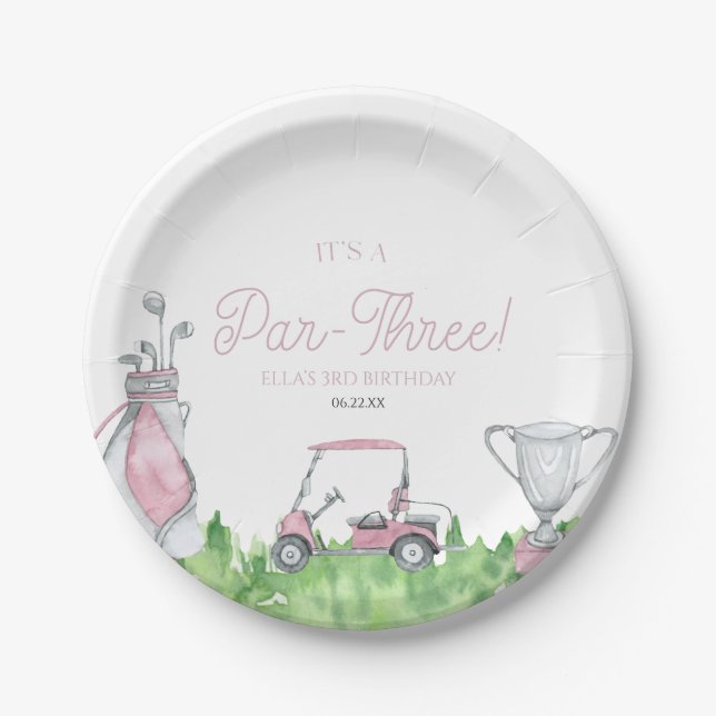 Assiettes En Carton C'est une partie de golf rose 3ème anniversaire (Devant)