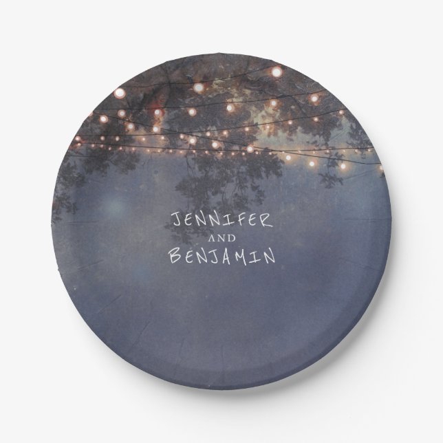 Assiettes En Carton Chaîne Lights Branches de l'arbre Mariage rustique (Devant)