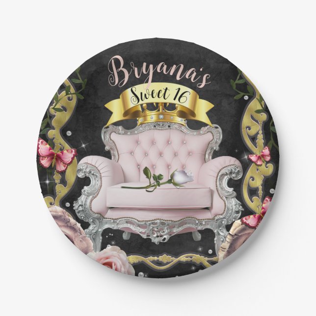 Assiettes En Carton Chaise Princesse Rose Roses & papillons Sweet 16 (Devant)