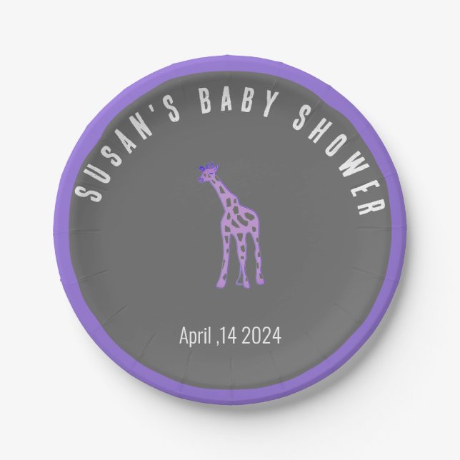 Assiettes En Carton Chalkboard look baby shower - girafe violette (Devant)