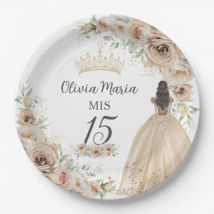 Assiettes En Carton Champagne Crème Beige Floral Princesse Quinceañera