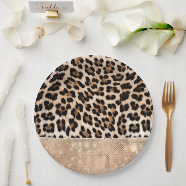 Assiettes En Carton Champagne Glitz Crème Leopard (Mariage)