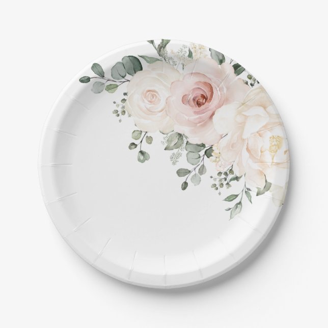 Assiettes En Carton Champagne Ivory Blush rose Floral Mariage (Devant)