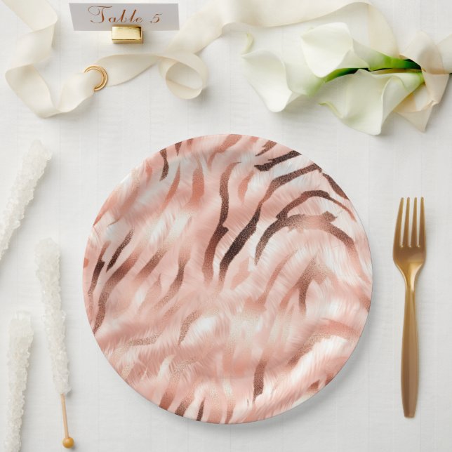 Assiettes En Carton Champagne rose Rose Glam Zebra (Mariage)