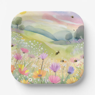Assiettes En Carton Champs de fleurs d'abeilles printaniers   Nature c