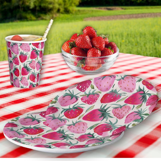 Assiettes En Carton Champs de fraises été temps pique-nique rose (Créateur téléchargé)