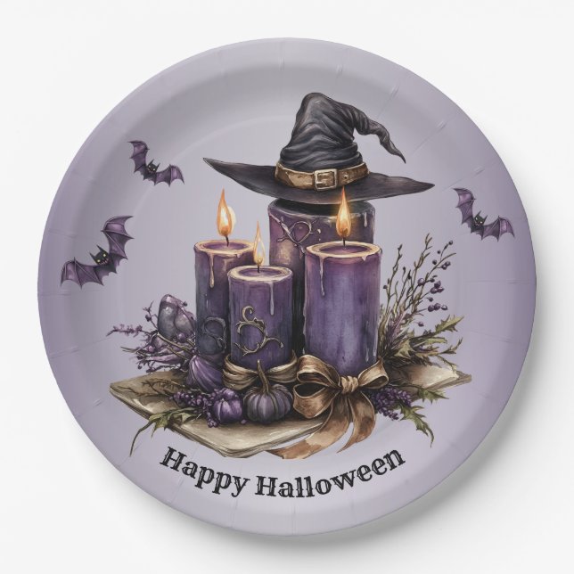 Assiettes En Carton Chandelles violettes d'Halloween chauves-souris Éf (Devant)