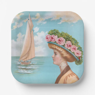 Assiettes En Carton Chapeau Rose Rose Vintage Dame Bord de Mer Art Voi