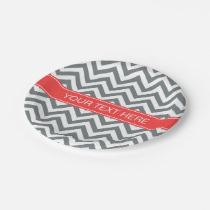 Assiettes En Carton Charbon Blanc LG Chevron Corail Nom rouge Monogram