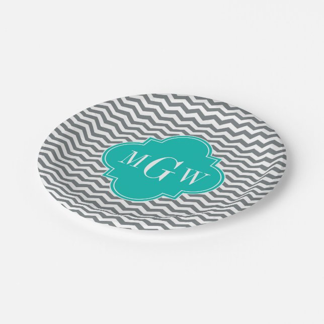 Assiettes En Carton Charbon fin Chevron Turquoise Quatrefoil 3 Monogra (Angle)