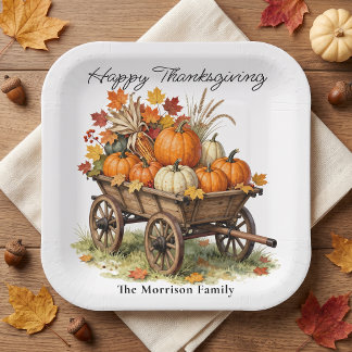 Assiettes En Carton Chariot de citrouilles aquarelle rustique pour Tha