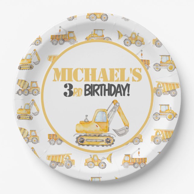 Assiettes En Carton Chariot de construction Plaques d'anniversaire (Devant)