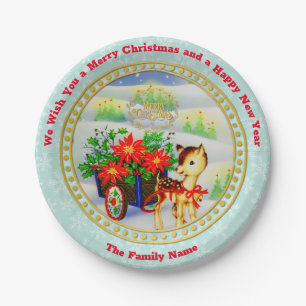 Assiettes En Carton Chariot de fleurs et rennes de Noël vintage adorab
