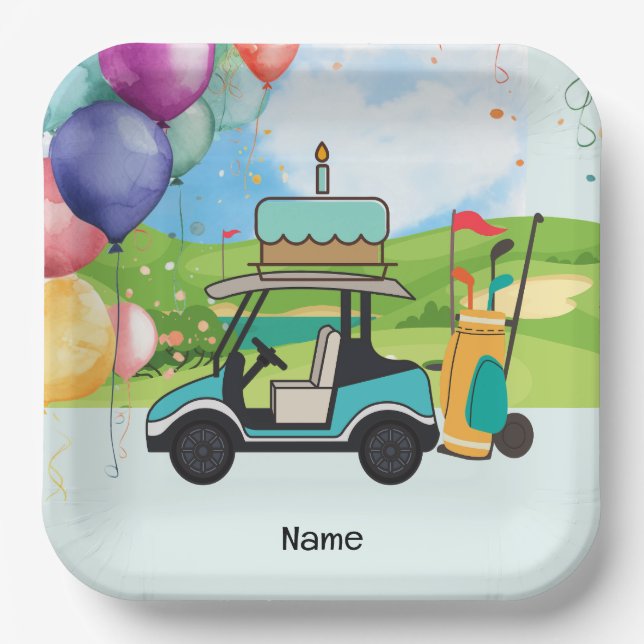Assiettes En Carton Chariot de golf avec Anniversaire avec gâteau pour (Recto)