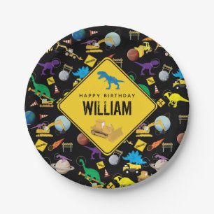 Assiettes En Carton Chariots de construction Dinosaures dans l'espace 