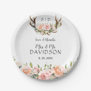 Assiettes En Carton Charm rose Fleurs rousses Antlers Mariage Monogram