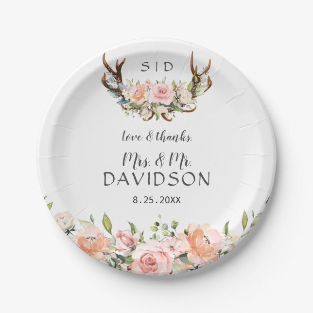 Assiettes En Carton Charm rose Fleurs rousses Antlers Mariage Monogram (Devant)